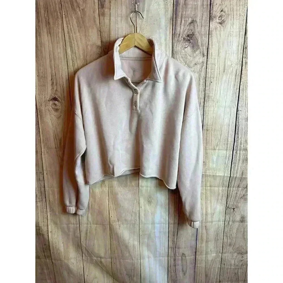Aerie Cropped Henley Polo Sweatshirt Beige Peach Size XS - Picture 1 of 11